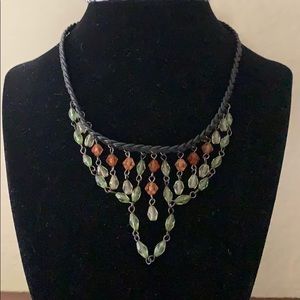 Vintage Green and Orange Boho beaded and leather Choker Necklace